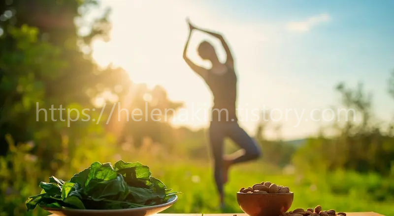 여성이 아침 햇살을 받으며 스트레칭 하는 모습