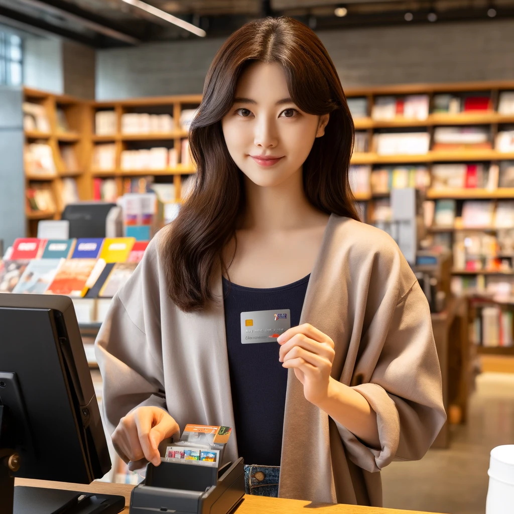 서점 계산대 앞에서 문화누리카드를 들고 결제를 준비하고 있는 한국 여성. 뒷편에는 다양한 책이 진열되어 있음.