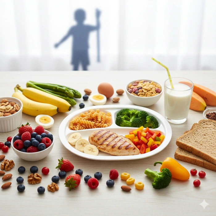 신선한 과일, 채소, 곡물 등 다양한 건강식품이 어우러져 어린이의 건강한 성장을 강조하는 밝고 활기찬 이미지.