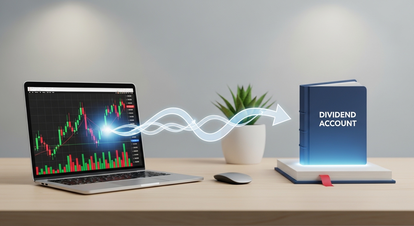 깔끔한 디자인의 배당금 통장과 주식 차트, 그리고 그 위에 현금흐름을 상징하는 화살표