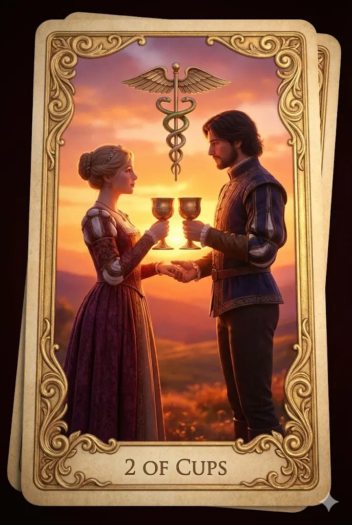 르네상스 시대 복장을 한 남녀가 따뜻한 노을을 배경으로 서로 마주 보며 황금 성배를 교환하고 있습니다. 두 사람의 손 위로는 두 마리의 뱀이 꼬여있는 헤르메스의 지팡이(카두케우스)가 떠 있어 결합과 파트너십을 상징합니다. 로맨틱하고 서로 통하는 마음을 나타냅니다.