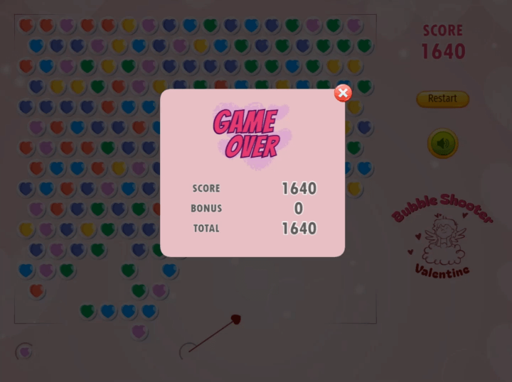 버블슈터-발렌타인-무료게임-종료-화면