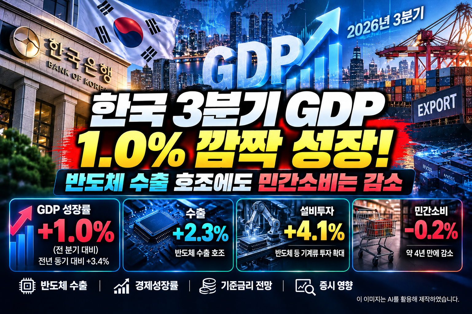 2026년 3분기 한국 GDP 성장률 1.0% 발표와 반도체 수출 2.3% 증가, 설비투자 4.1% 확대, 민간소비 0.2% 감소 및 한국은행 기준금리 전망을 나타낸 이미지