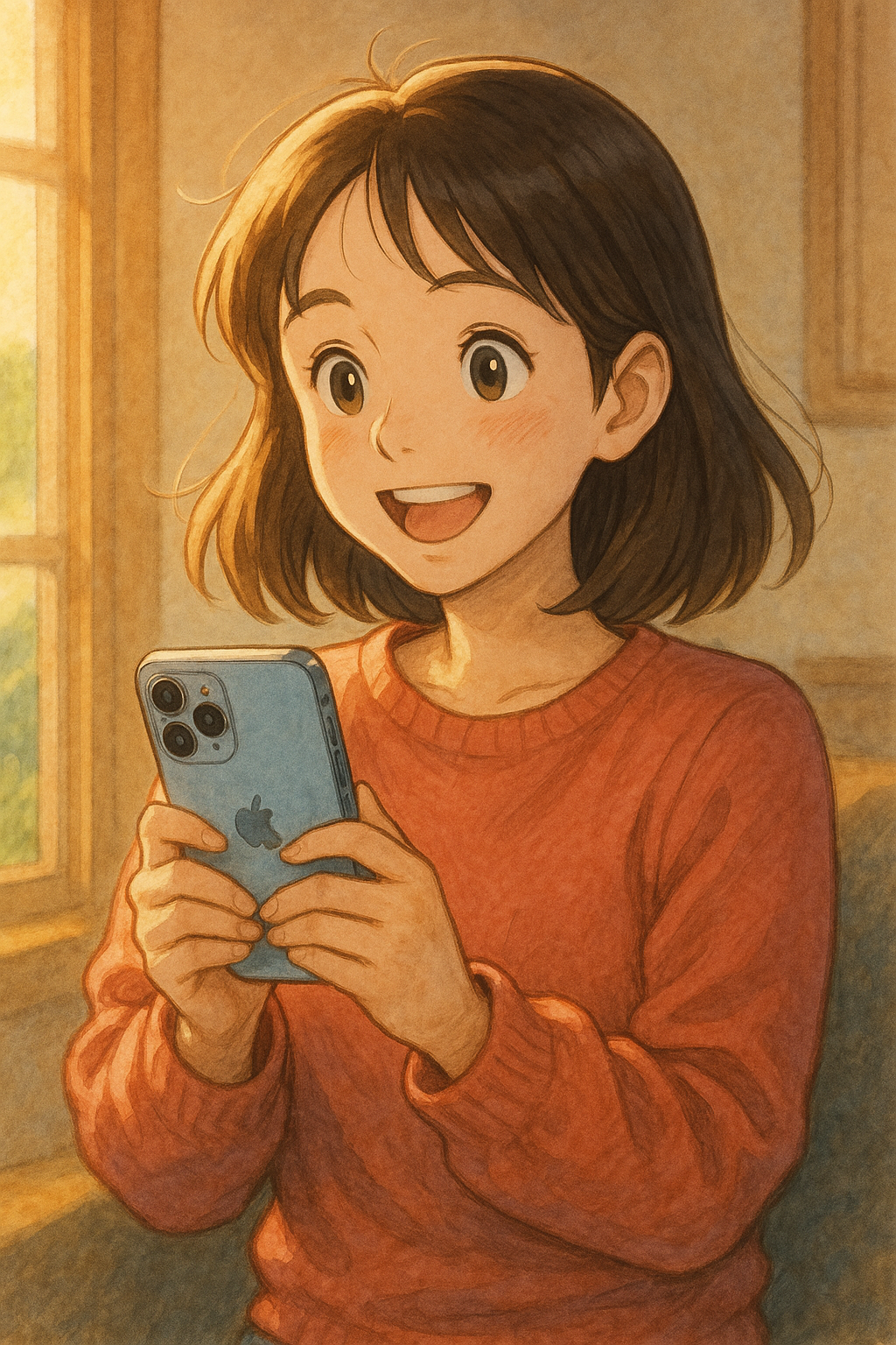 “아이폰 복구 후 미소 짓는 여성 – 문제 해결 후의 기쁨”