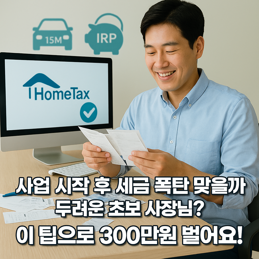300만원 절세 팁 안내 – 홈택스와 세금 문서를 정리하는 한국인 사업자 모습