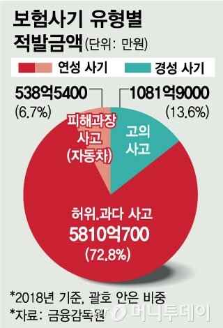 2018년 보험사기 유형별 적발금액 통계