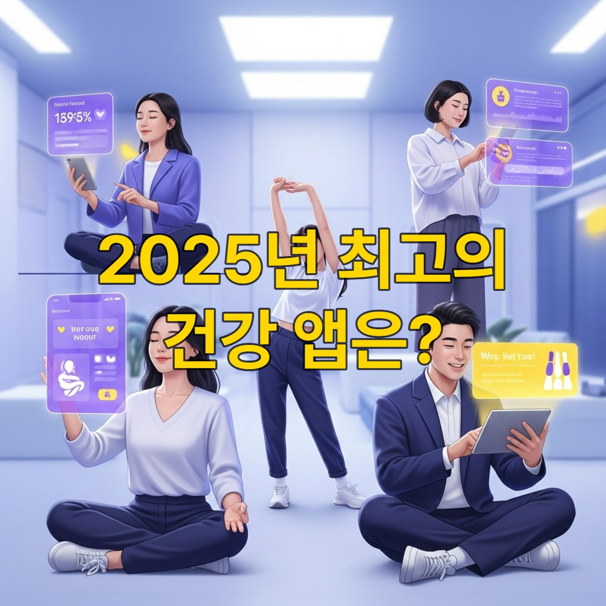 2025년 Google Play 올해의 앱으로 선정된 건강 앱들을 사용하는 한국인들의 모습. 명상, 운동, 식단 관리를 스마트폰 앱으로 하는 활기찬 장면.