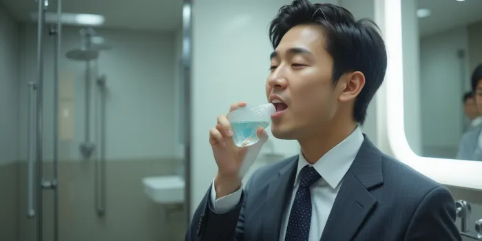 직장인이 사무실 화장실에서 가글하는 모습