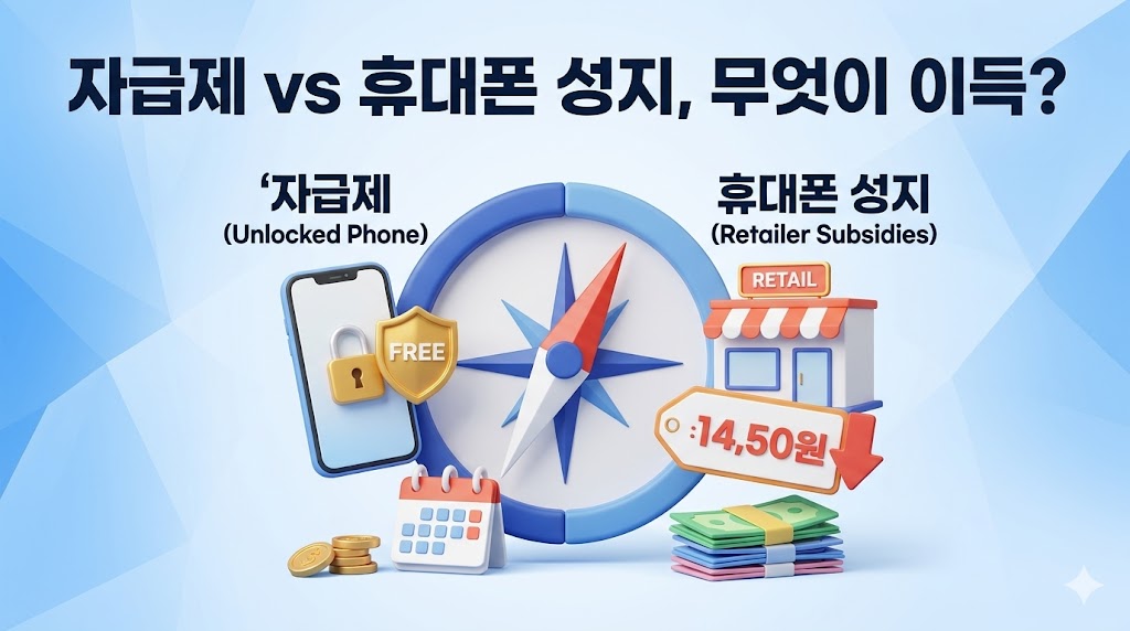 자급제 휴대폰과 성지 구매 방식의 비용 차이를 비교한 인포그래픽 썸네일, 왼쪽에는 알뜰폰 아이콘, 오른쪽에는 보조금 할인 아이콘이 배치된 스마트폰 구매 가이드 이미지