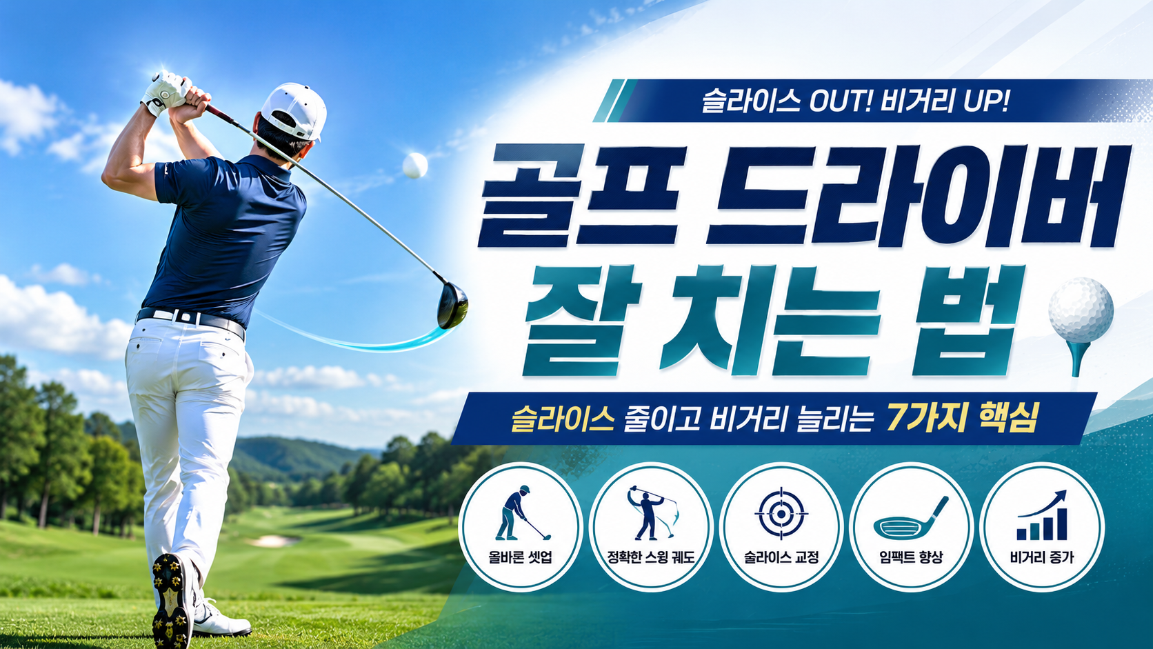 골프 드라이버 잘 치는 법과 슬라이스를 줄이고 비거리를 늘리는 핵심 포인트를 설명하는 대표 이미지