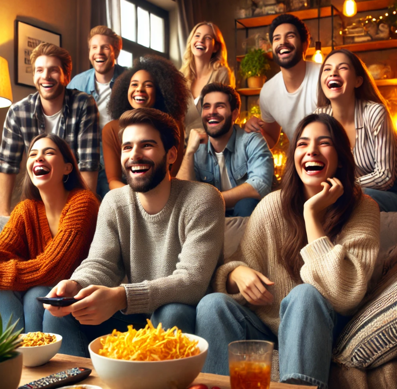 사람들이 TV보면서 웃고 있는 사진