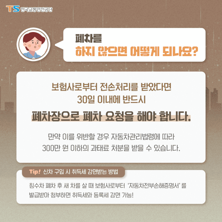 보험사로부터 전손처리를 받으면 폐차를 하고 새 차 구입 시 취득세와 등록세 감면을 받으십시오.