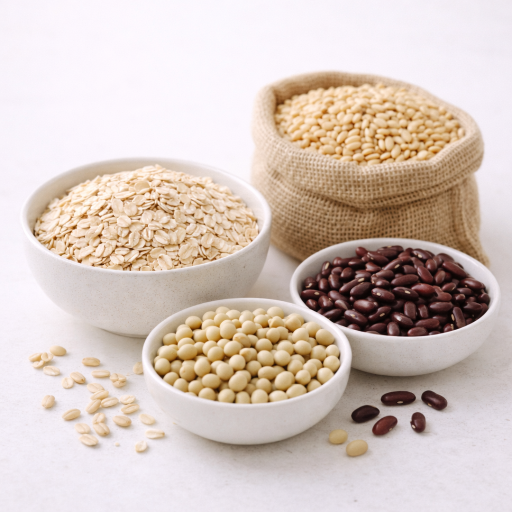 오트밀과 보리, 콩류로 구성된 수용성 식이섬유 식재료 정물