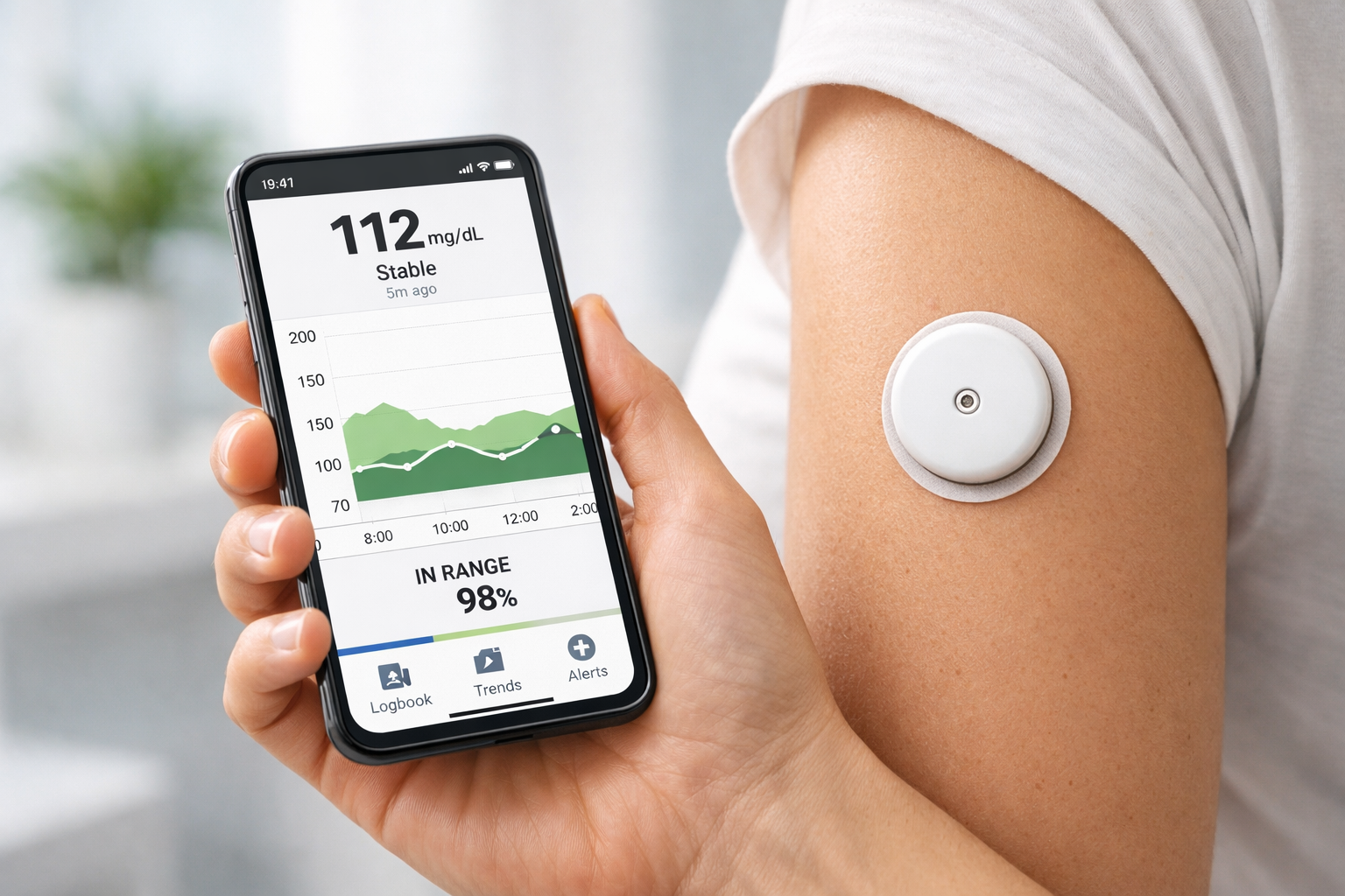 피부에 작고 눈에 띄지 않는 연속혈당측정기(CGM)