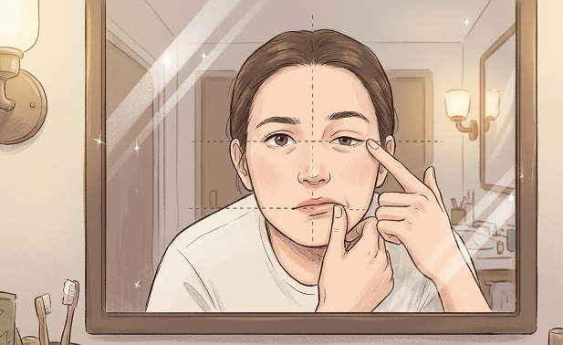 거울을 보며 한쪽 눈과 입꼬리를 비교하는 모습 일러스트 또는 좌우 얼굴 비대칭을 보여주는 체크 이미지