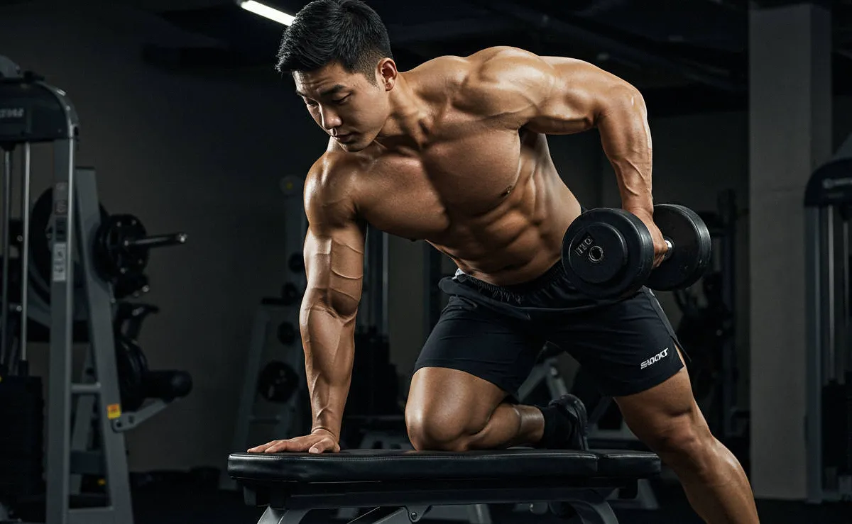 헬스장에서 원암 덤벨 로우를 하는 남성 보디빌더의 등 운동 자세