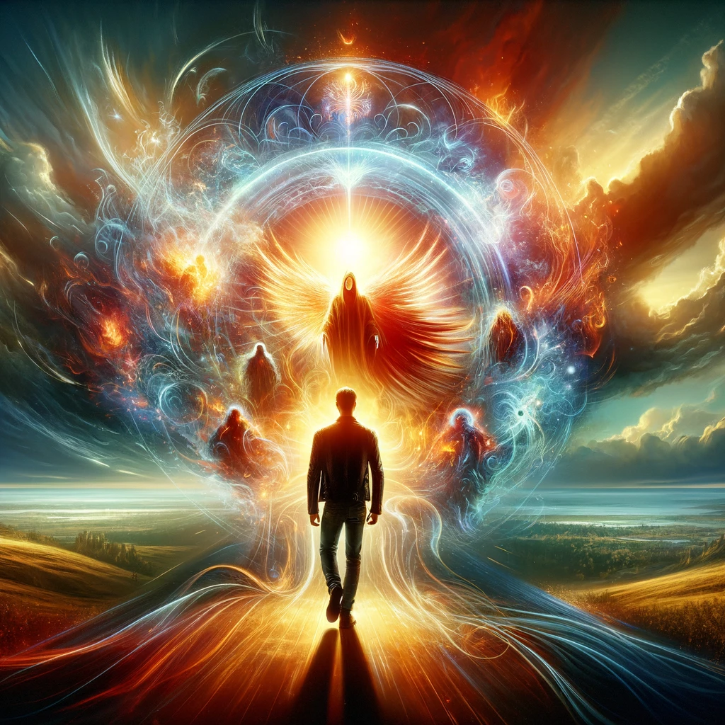 The image above depicts the powerful theme of living a life free from fear&#44; under the protection and strength of God. It illustrates a person standing confidently&#44; surrounded by a divine force that shields them from darkness and negativity&#44; symbolizing the empowering presence of God in their life&#39;s journey.