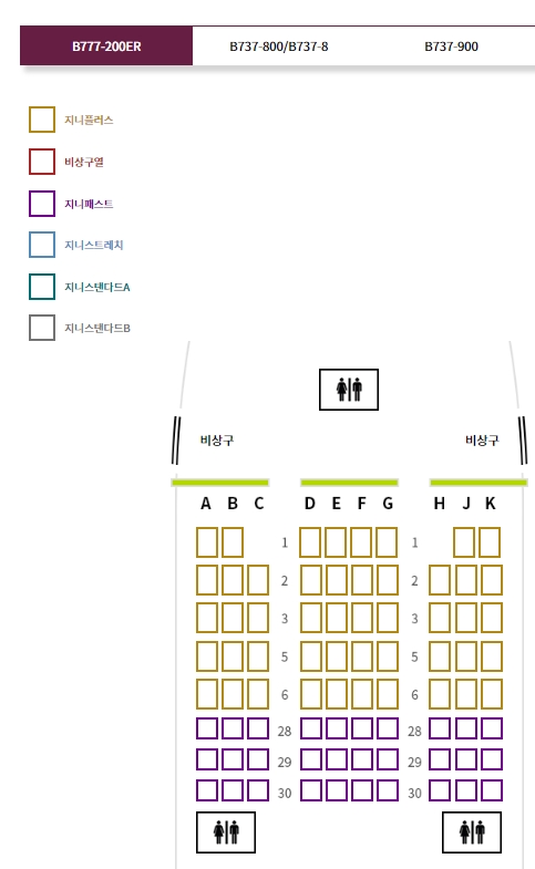 진에어 좌석 종류 및 요금 안내표