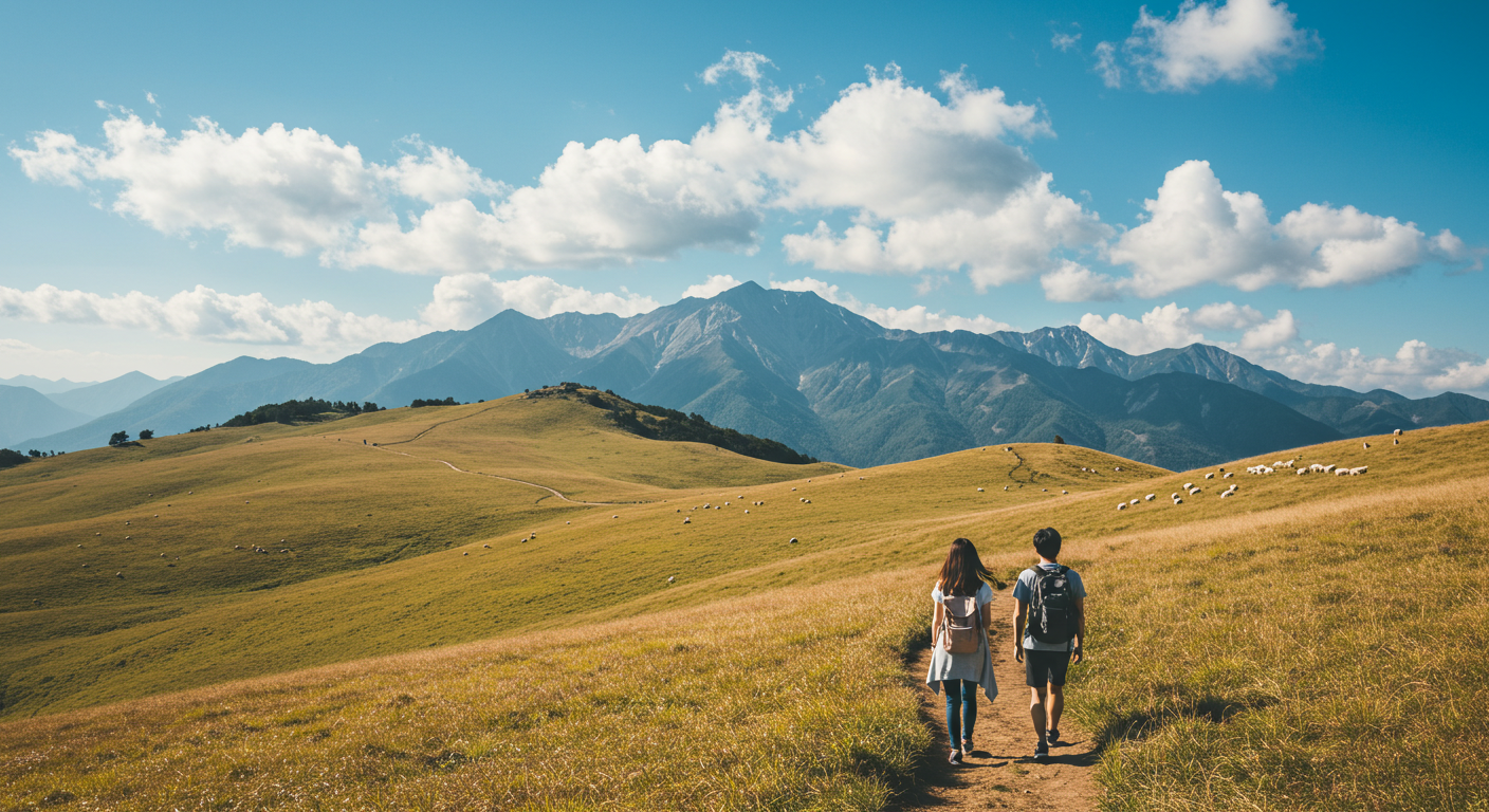 평창 대관령 양떼목장의 푸른 초원과 풀을 뜯는 양들.