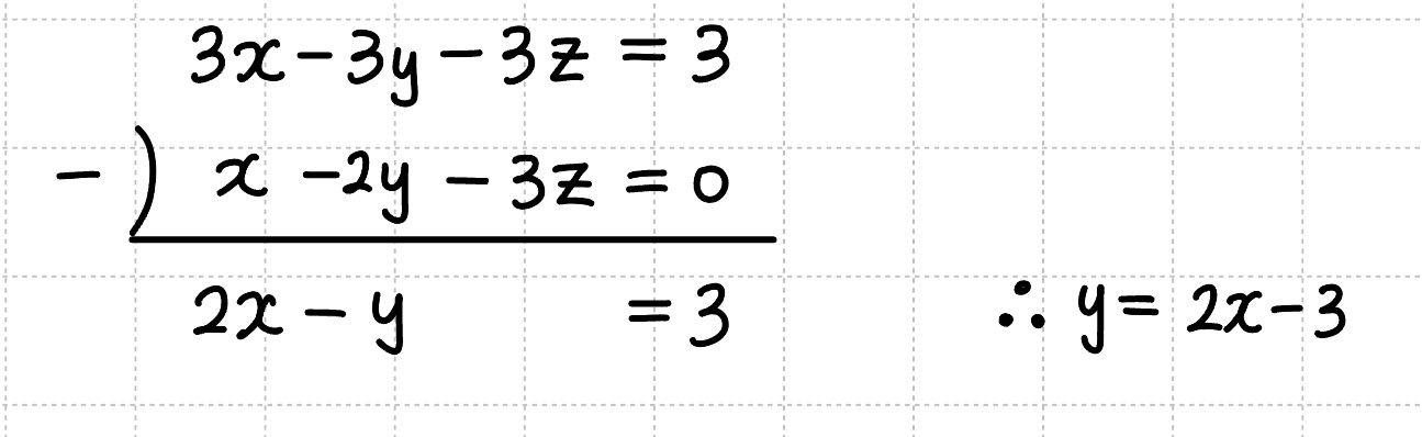 x - y - z = 1과 x - 2y - 3z = 0 두 식을 이용해 x, y 사이의 관계를 구하는 연립