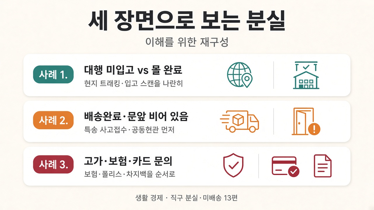 대행 미입고&middot;문앞 분실&middot;고가 보험 문의의 세 장면 도해