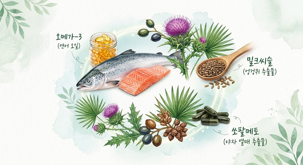 A clean infographic display showcasing fresh omega-3 fish oil capsules, milk thistle extract, and saw palmetto supplements
