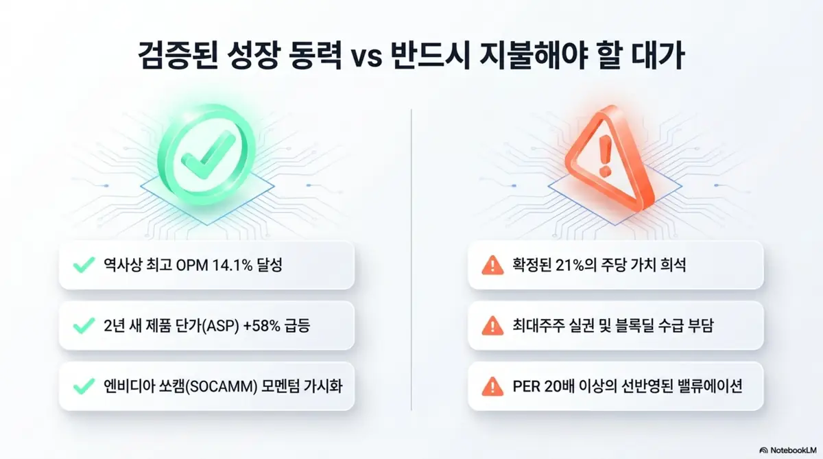 티엘비의 투자 포인트와 리스크를 양면으로 정리한 인포그래픽입니다. 검증된 동력으로 역대 최고 영업이익률 14.1%&amp;#44; 제품 단가 58% 급등&amp;#44; 쏘캠 모멘텀을 제시하고&amp;#44; 대가로 21% 주식 희석과 최대주주 실권 수급 부담&amp;#44; PER 20배 이상의 선반영된 밸류에이션을 함께 보여주며&amp;#44; 블로그의 티엘비 주가 전망 결론과 연결됩니다. 
