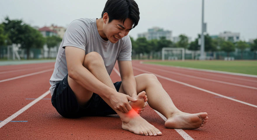 러닝 후 발바닥을 주무르는 남성