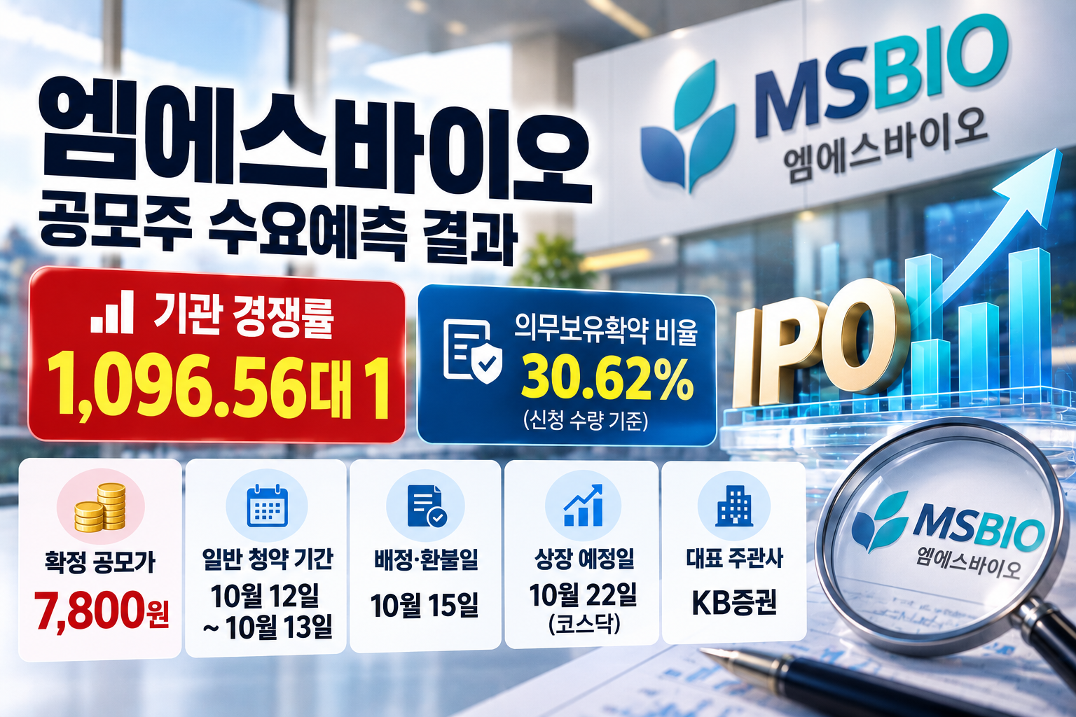 엠에스바이오 공모주 기관 수요예측 경쟁률 1096.56대 1, 의무보유확약 30.62%, 확정 공모가 7800원 및 코스닥 상장 일정