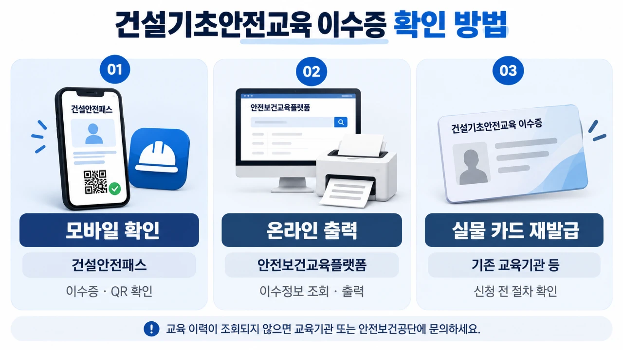 건설기초안전교육 이수증 확인 방법을 모바일 건설안전패스, 안전보건교육플랫폼 온라인 출력, 기존 교육기관을 통한 실물 카드 재발급의 세 가지로 비교한 안내 이미지