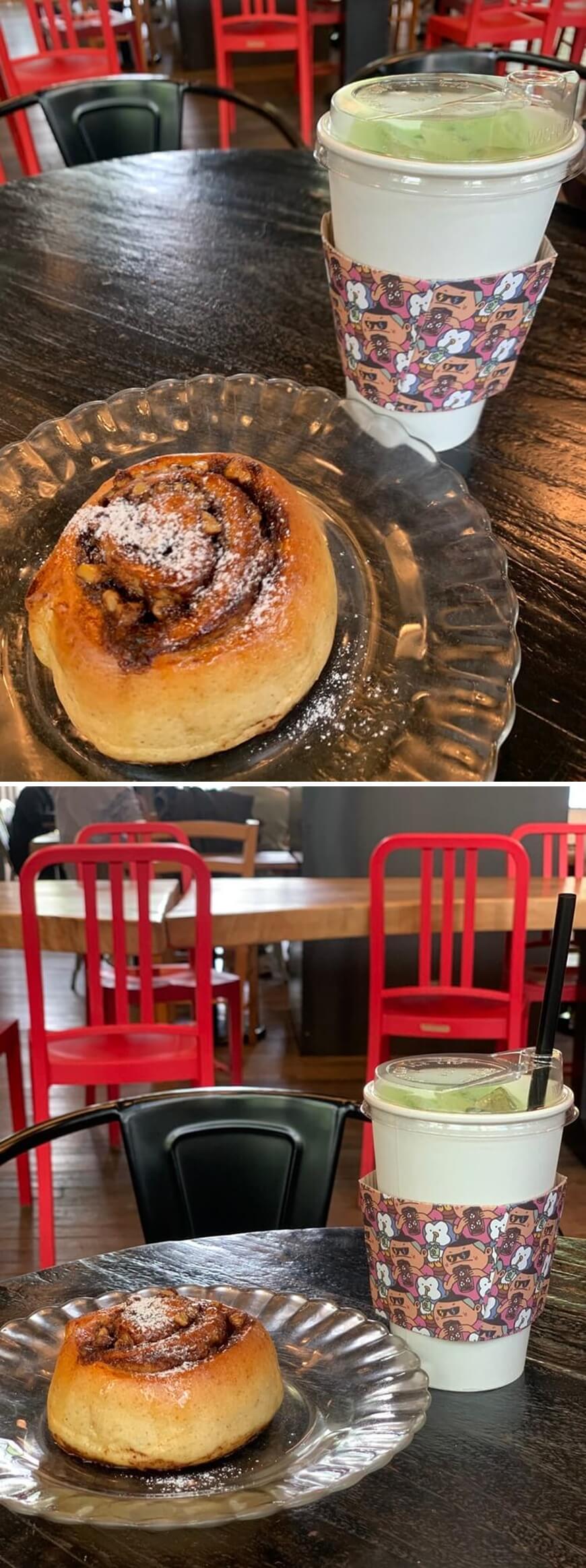 녹차라테 및 시나몬 롤