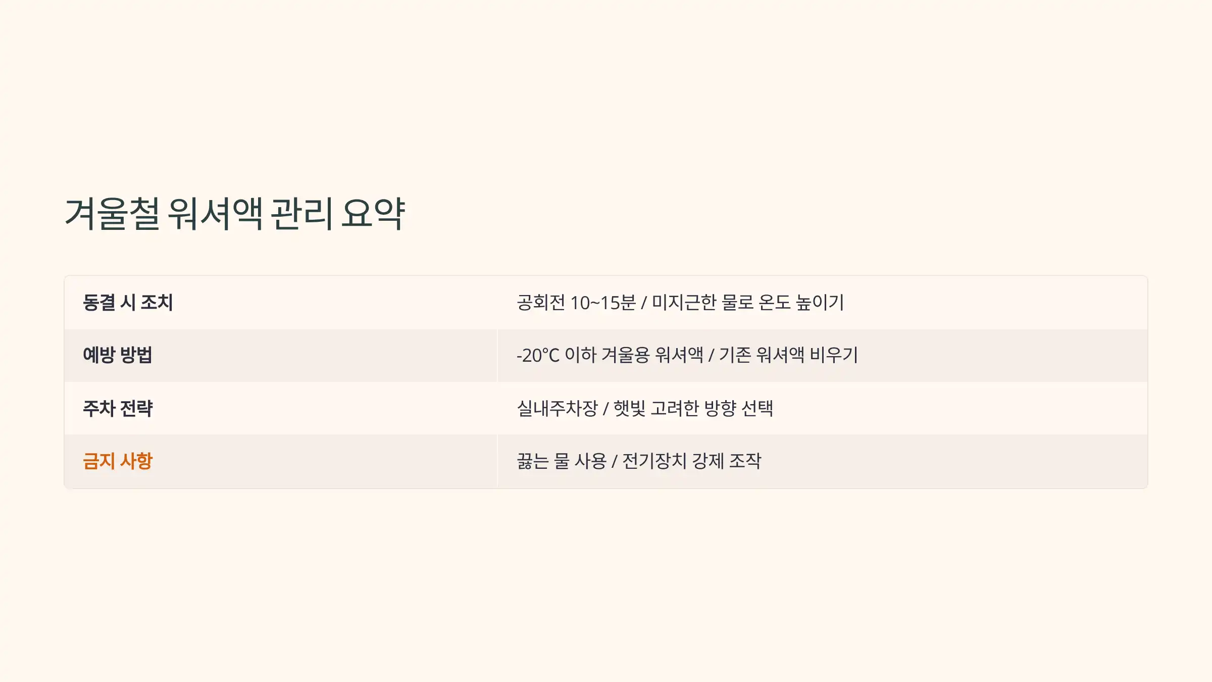 정리: 겨울철 워셔액 동결 대처 요약
