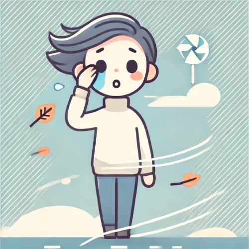 바람에 누물을 흘리는 여성
