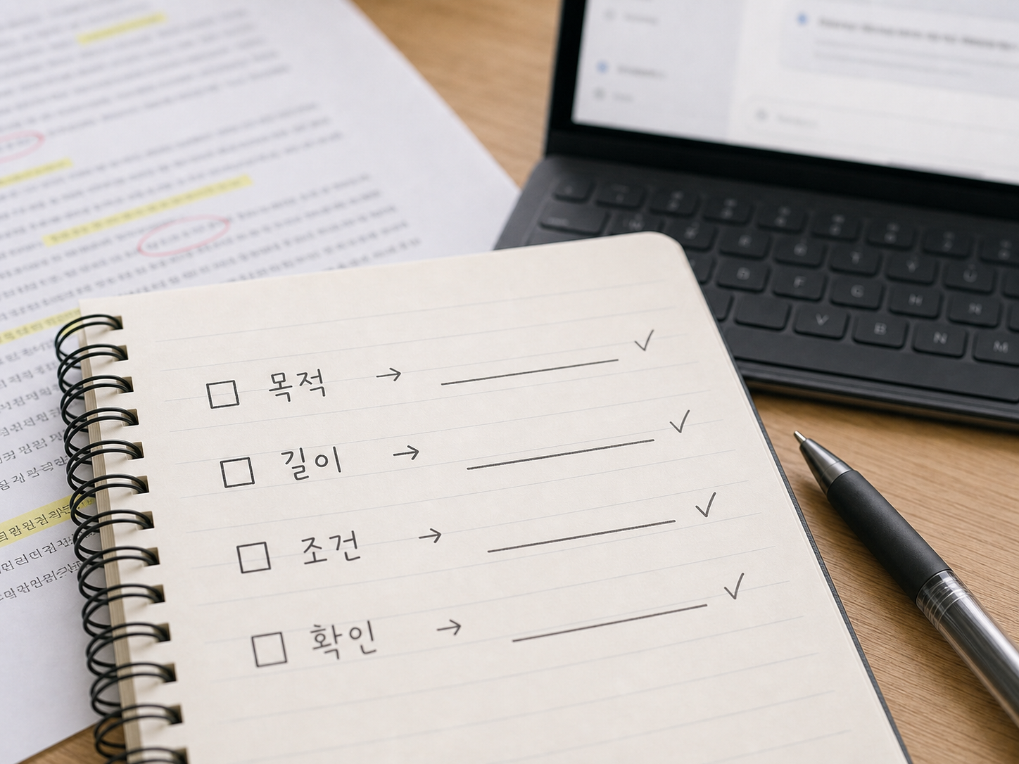 ChatGPT 요약 프롬프트를 위해 목적, 분량, 조건을 노트에 적은 장면
