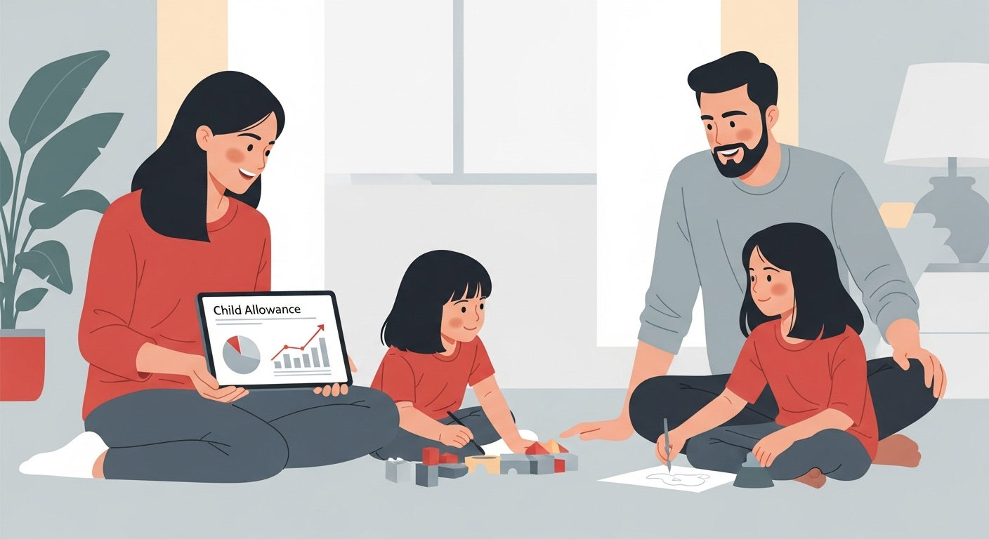 화목한 가정이 거실에서 행복하게 시간을 보내고 있으며, 어머니가 아동수당 혜택 정보를 확인하는 모습.