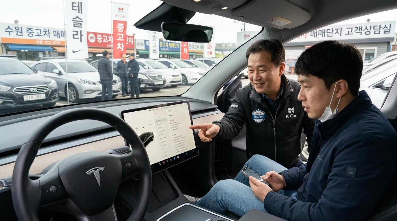 테슬라 차량 화면에서 배터리 상태와 경고를 확인하는 모습