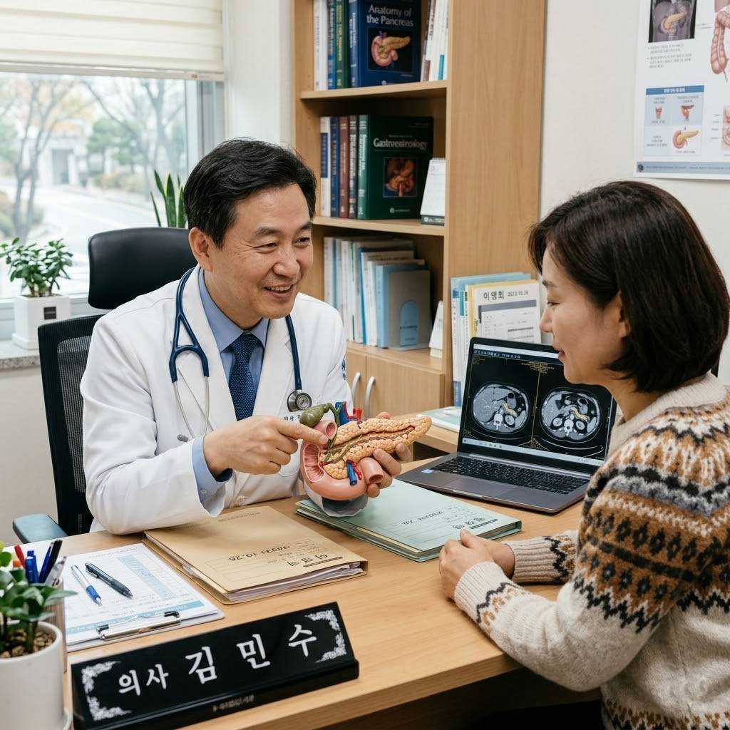 병원 진료실에서 의사가 췌장 모형을 보며 환자에게 설명하는 모습