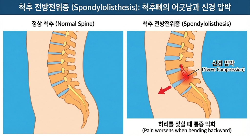 척추 뼈 어긋남, 허리 계단 만져짐, 척추 분리증