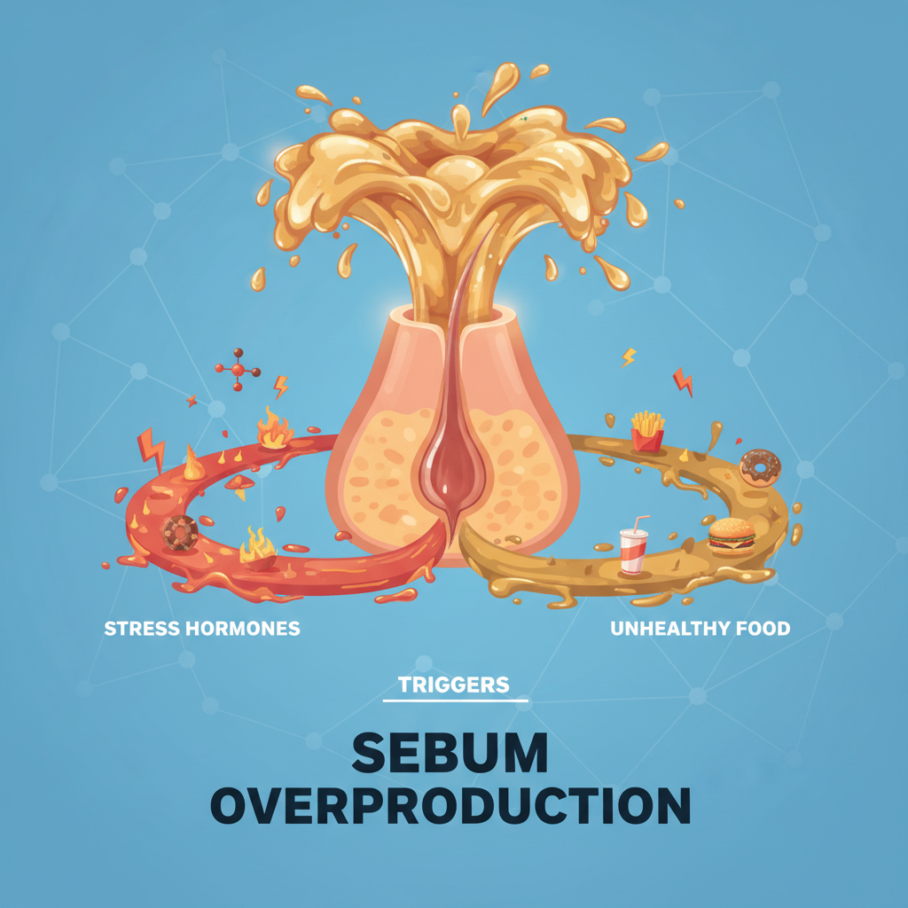 호르몬 불균형과 식습관이 피지 분비를 촉진하는 원리 그림