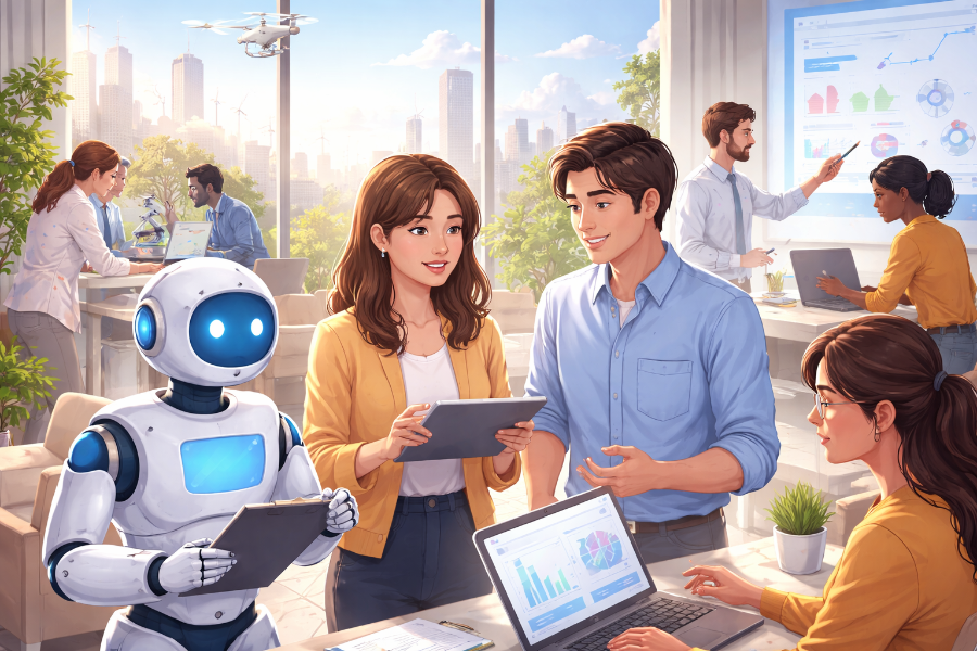자동화 대체 어려운 직무 기준 정리와 로봇과 삼람이 같이 일을 하고 있는 이미지
