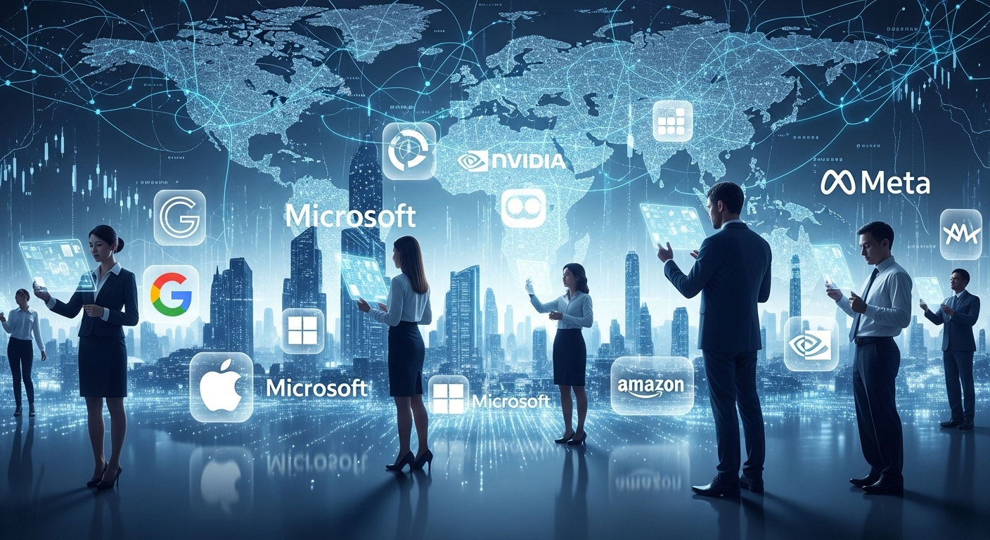 2025년 글로벌 경제를 이끄는 빅테크 기업들의 미래를 상징하는 이미지. 역동적인 미래 도시를 배경으로 AI, 클라우드, 메타버스 등 핵심 기술 아이콘과 주요 빅테크 기업 로고가 데이터 흐름과 함께 어우러진 모습. 전 세계 전문가들이 변화하는 경제를 분석하고 기회를 모색하는 모습을 시각적으로 표현.