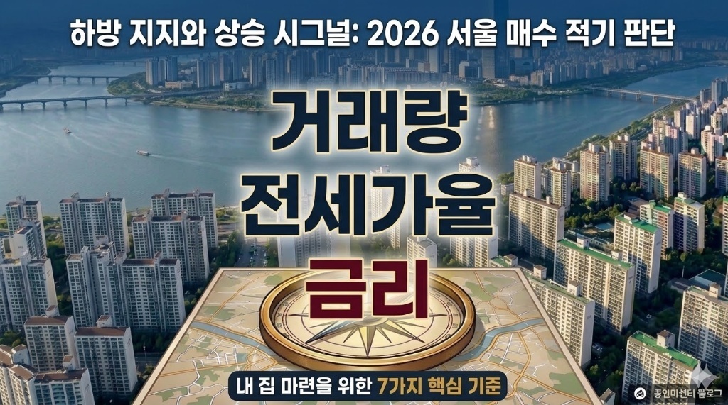 한강 배경의 아파트 단지 위에 '거래량, 전세가율, 금리' 세 가지 핵심 키워드만 강조된 심플 이미지