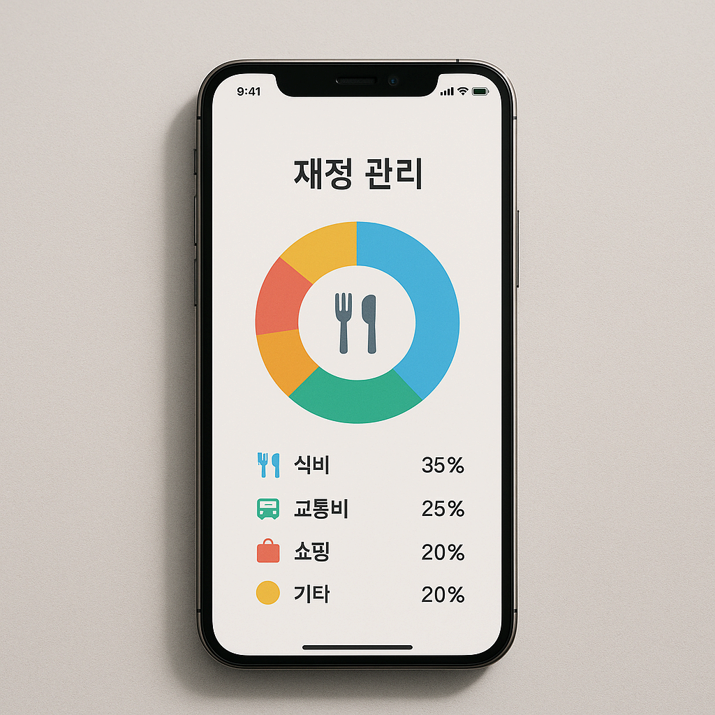 스마트폰 재정 관리 앱에서 지출이 카테고리별로 표시된 모습