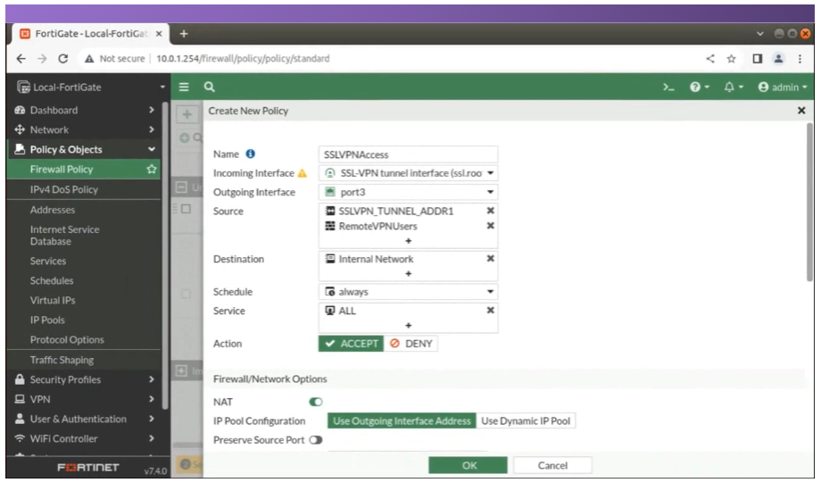 방화벽 정책에 SSL VPN 구성
