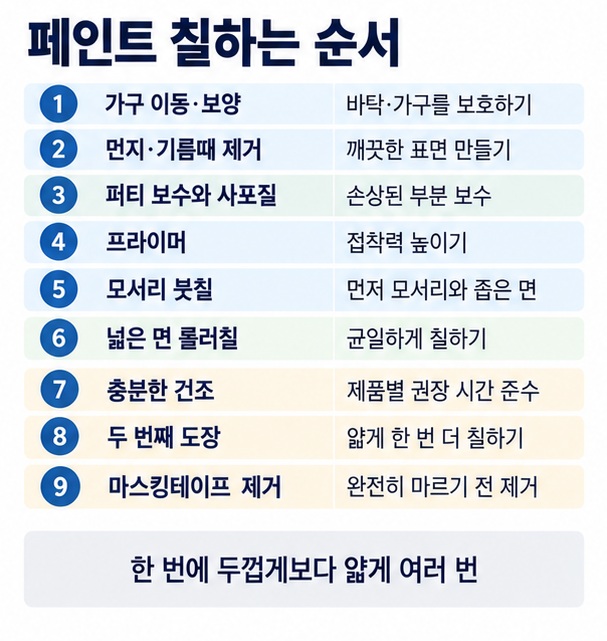 보양 표면청소 퍼티 사포질 프라이머 모서리 붓칠 넓은 면 롤러칠 재도장 순서를 보여주는 페인트 작업 인포그래픽