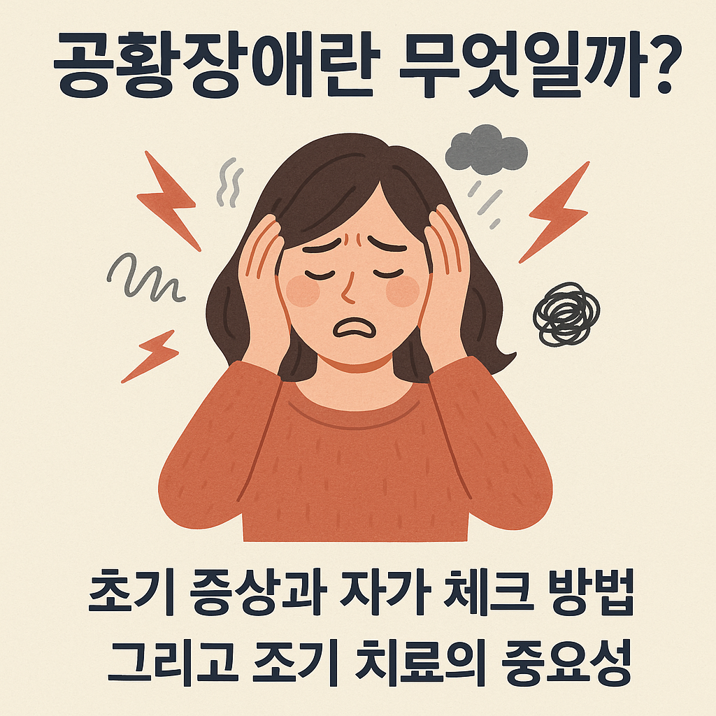 공황장애로 불안해하는 여성의 일러스트와 '공황장애란 무엇일까? 초기 증상과 자가 체크 방법 그리고 조기 치료의 중요성'이라는 안내 문구가 함께 표현된 이미지