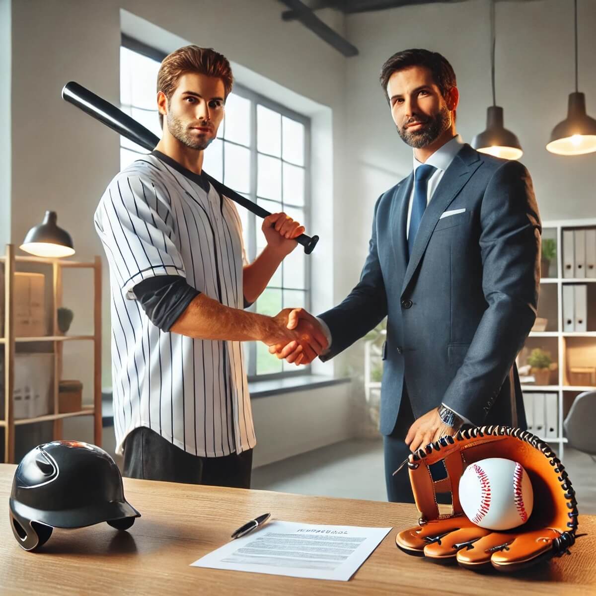 브랜드 매니저와 스타선수가 라이선스 계약하는 장면