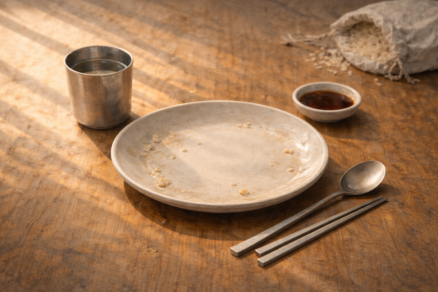 자주 먹는 식사 뒤, 비워진 접시와 정돈된 식탁 – 살기 위해서 먹는다 실천 5편