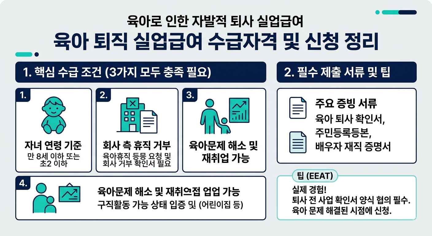 육아 퇴직 실업급여 수급자격 핵심 조건 3가지 및 필수 제출 서류 절차 인포그래픽