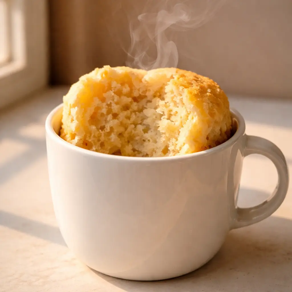 전자레인지로 완성한 머그컵 술빵 &mdash; 폭신하게 부푼 빵이 흰 머그컵에 담겨 있는 완성 사진